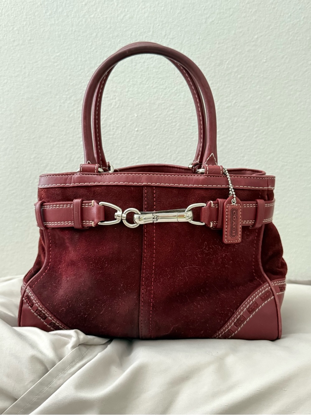 Vintage Y2K 2000s Coach Hamptons Suede Carryall Burgundy Bordeaux Satchel F1120
